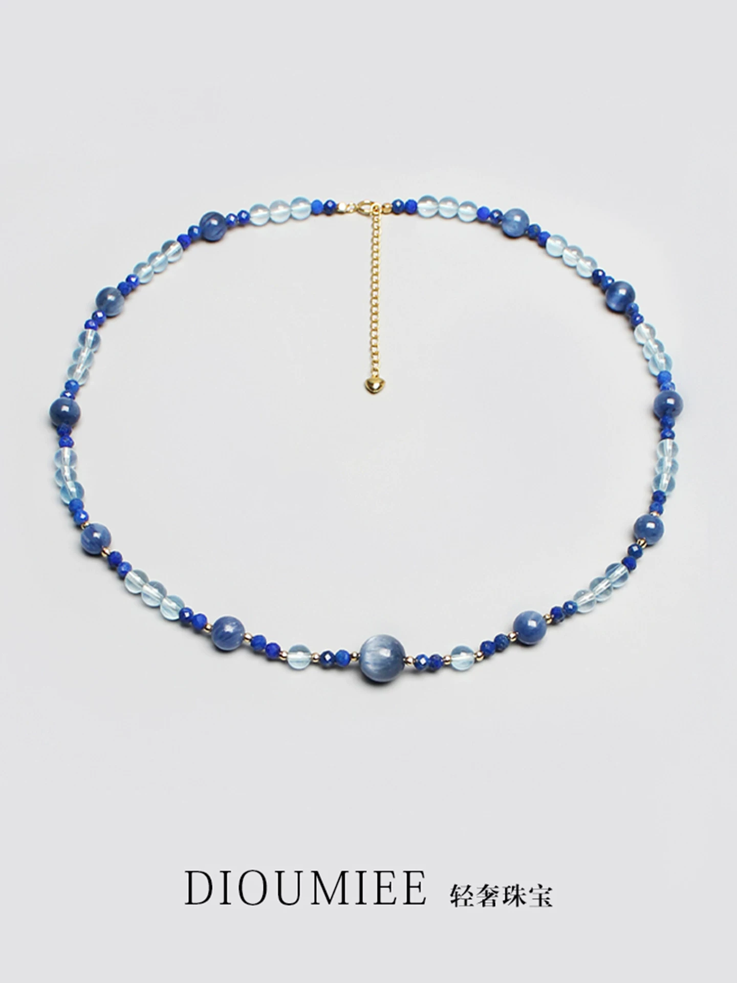 Natural Aquamarine & Kyanite Beaded Choker Necklace – Chinese Style "Water Fortune" Collection, 18K Gold Plated
